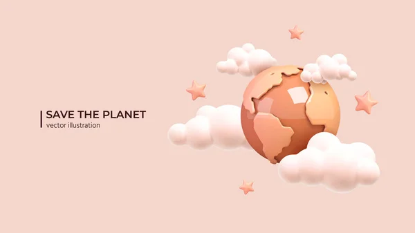 Realistische 3d planeet met wolken en sterren eromheen. — Stockvector