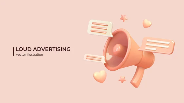 Marketing of reclame concept, 3d megafoon luidspreker met gele bliksem. — Stockvector