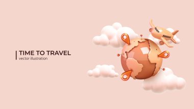 3D yazlık gerçekçi bir sunum. Uçak güzel beyaz bulutlar içinde gezegenin etrafında uçar. Yaz tatilleri, uçak uçuşları. Seyahat konsepti en az 3D karikatür tarzında. Vektör illüstrasyonu