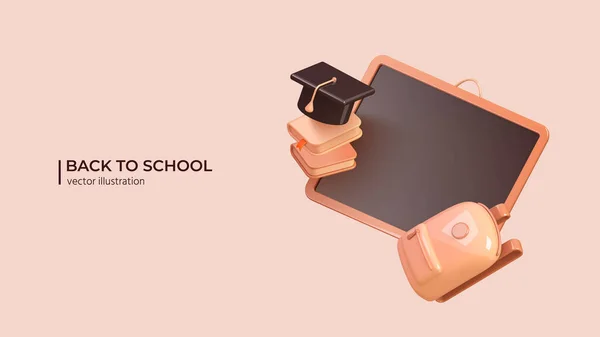 回学校去现实的3D设计的学校用品在漫画最小的风格 粉笔板 学术帽 书籍和背包 矢量说明 — 图库矢量图片