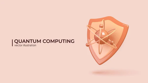 Quantum Computing Concept Inglés Diseño Realista Átomo Escudo Icono Qubit — Vector de stock