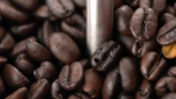 Kahve Çekirdeklerini Öğütürken Yakından Bakınca Kahve Çekirdekleri Öğütücüde Hareket Ederken — Stok video