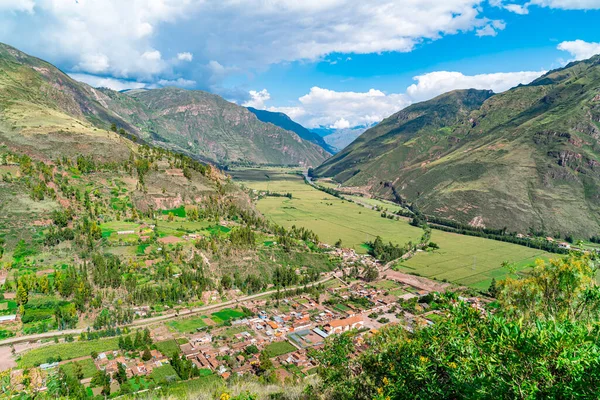 Widok Lotu Ptaka Peruwiańskie Miasto Pisac Świętej Dolinie Inków Położone — Zdjęcie stockowe