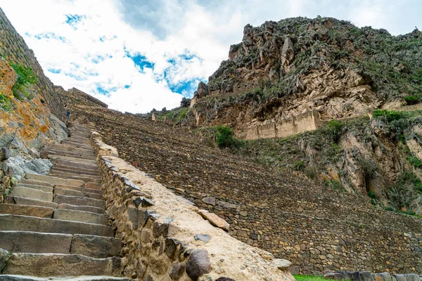 Terrassen Von Pumatallis Berg Der Inka Ausgrabungsstätte Ollantaytambo Peru — Stockfoto