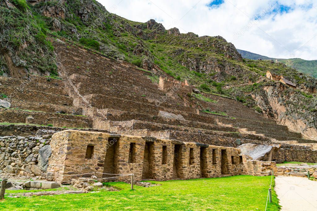View of mountain and the archaeological complex of Inca ruin at Ollantaytambo, Peru. Inca ruin at Ollantaytambo in sacred valley of inca.
