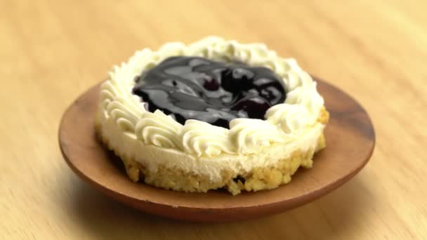 High Angle View Rotation Delicious Homemade Blueberry Cheese Pie Wooden — Stockvideo