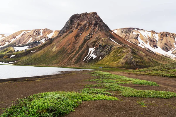 冰岛高山上美丽的积雪覆盖着湖泊的夏季景观 — 图库照片