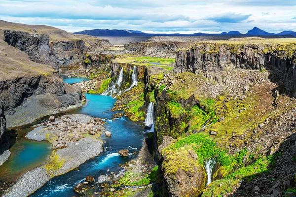 Blick Auf Wasserfälle Der Sigoldugljufur Schlucht Und Den Blauen Fluss — Stockfoto