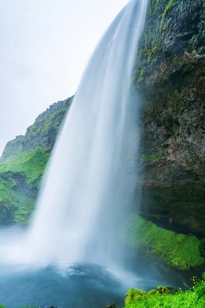 Természeti Táj Gyönyörű Seljalandsfoss Vízesések Nyáron Felhős Nap Moha Zöld — Stock Fotó