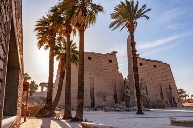 Luxor Tapınağı 'nın ünlü ilk direğinin sabah manzarası. Büyük firavunların heykelleri ve Mısır' ın Luxor kentindeki dikilitaş..