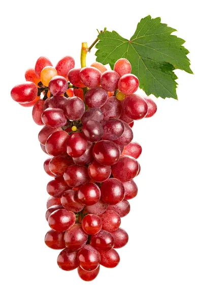 Bunch Ripe Crimson Seedless Grapes Green Leaf Isolated White Background lizenzfreie Stockbilder