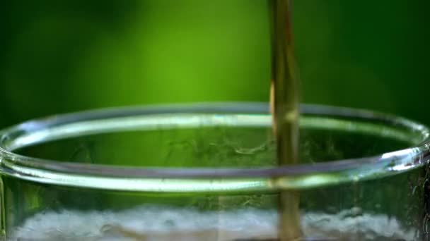 冷たいコーラの水を透明なガラスに注ぐ極端なクローズアップシーン自然の緑の背景に氷のキューブでいっぱい — ストック動画