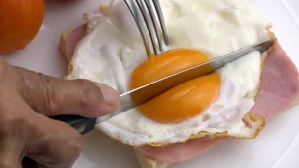Bıçak Çatal Kullanarak Jambona Kızarmış Tavuk Yumurtası Beyaz Seramik Tabakta — Stok video