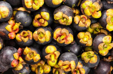 Taze mangosteen arka planının üst görüntüsü, tropikal meyvelerin kraliçesi ve Tayland lezzeti..