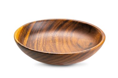 Boş kahverengi ahşap kasenin yakın görüntüsü kırpma yolu ile beyaz zemin üzerinde izole.