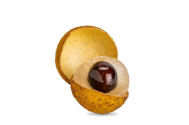 View of closeup single cutting open longan with peel, translucent pulp and black seed isolated on white background with clipping path.