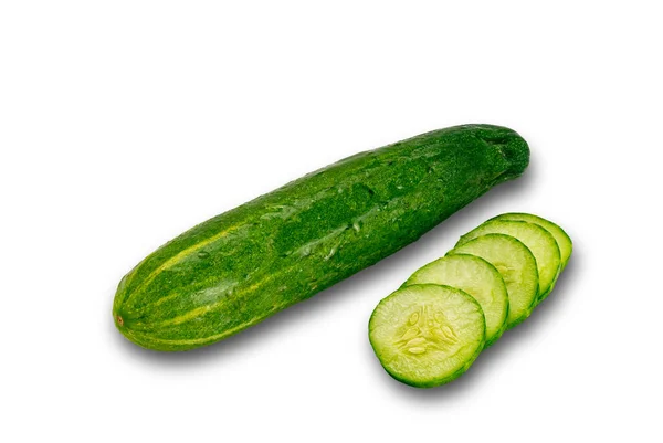 Fresh Green Cucumber Whole Sliced Isolated White Background Clipping Path — Stok fotoğraf