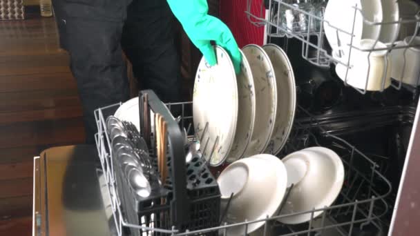 Man Loading Kitchenware Crockery Glassware Coffee Cup Dirty Ceramic Plate — ストック動画
