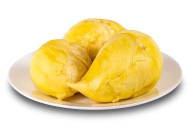 Durian, pulps, king of fruit in white ceramic dish isolated on white background with clipping path.