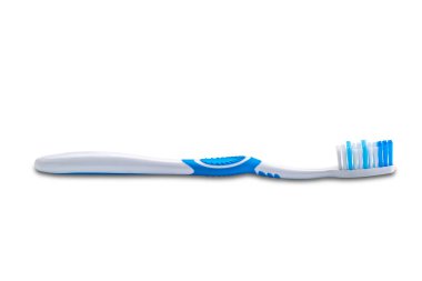 Single new blue toothbrush isolated on white background with clipping path. Soft blue brush toothbrush on white background.