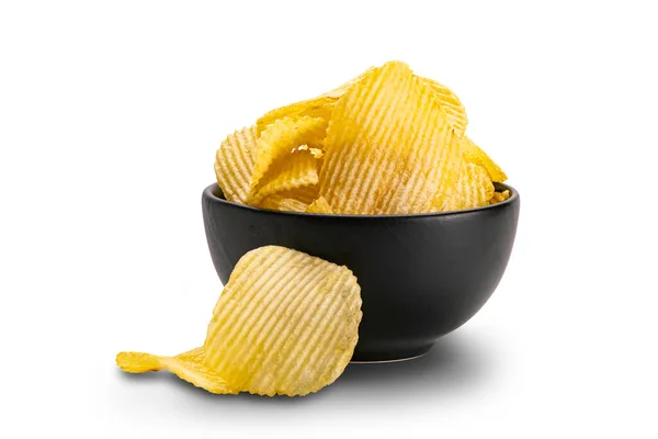 View Dry Crispy Fried Corrugated Potato Chips Black Ceramic Bowl — Stock Photo, Image