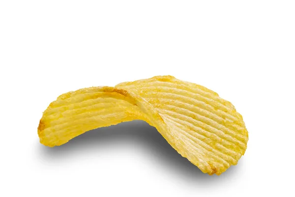 Närbild Enda Torr Krispig Saltad Potatis Chip Isolerad Vit Bakgrund — Stockfoto