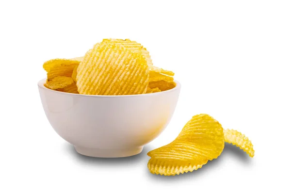 View Dry Crispy Fried Corrugated Potato Chips White Ceramic Bowl — Stock Photo, Image