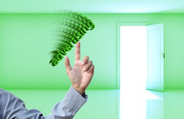 iş kavramı ile iş el yeşil boş oda açık kapı arka plan üzerinde.