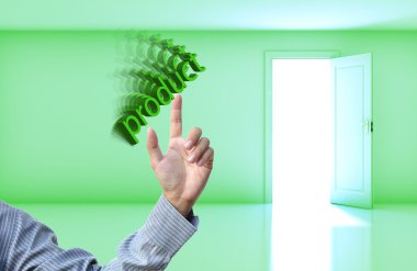 iş kavramı ile iş el yeşil boş oda açık kapı arka plan üzerinde.