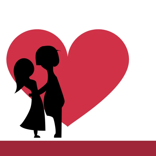 Silhouette Romantik Çift ve büyük kırmızı kalp — Stok Vektör