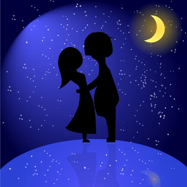 Silhouette of romantic couple at night — Stock Vector