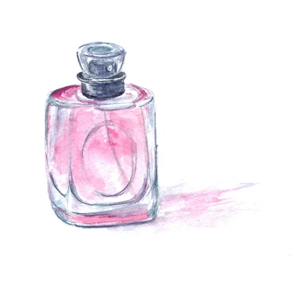 Frasco de perfume rosa com água do banheiro. ilustração em aquarela. — Fotografia de Stock