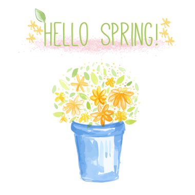 turuncu ve Sarı çiçekli mavi kova. vektör suluboya resim