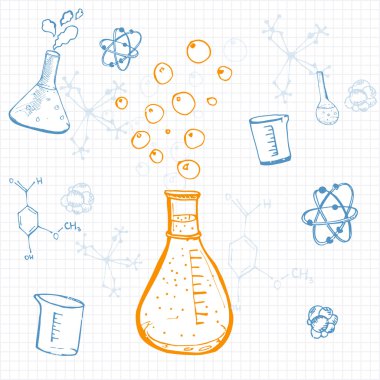 kare içinde bir not kağıdına çizilmiş vektör bilim ekipman kümesi. SKE