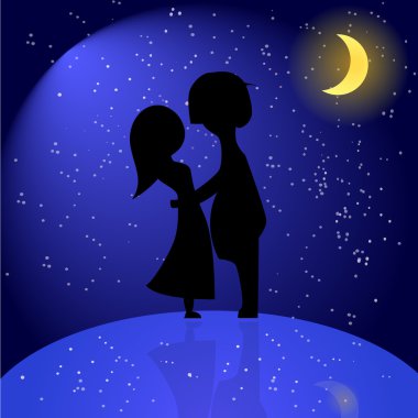 Romantik Çift gece silüeti. l vektör çizim
