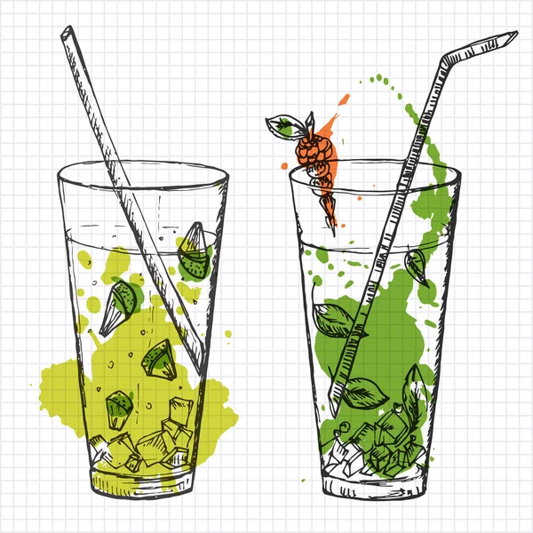 Set of two cocktails drawn on squared notebook paper. Vector illustartion - Stok Vektor