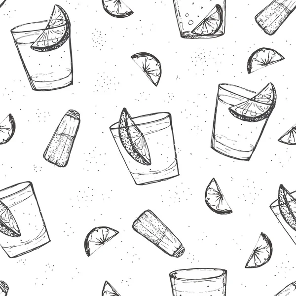 Alcohol bebidas patrón de vector. bosquejado tequila con limón y sal — Vector de stock