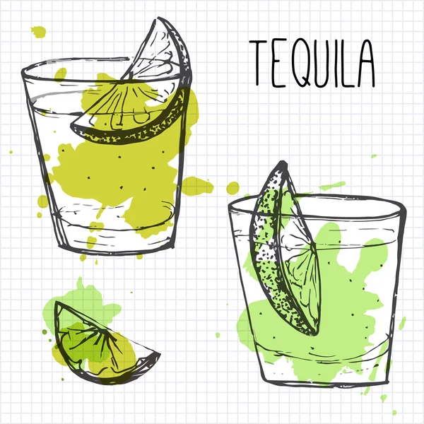 Set of two cocktail shots with lime segments. Sketch and watercolor ilustration — Stock Vector