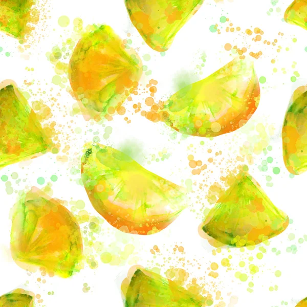 Seamless citrus pattern with splashes and drops of orange juice. Raster watercolor painting. — Stock Photo, Image