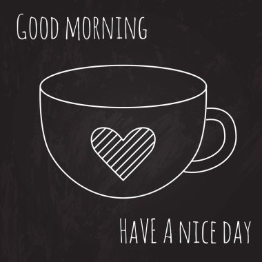 Kara tahta metin Günaydın ile çizilmiş kalp ile kahve vektör, iyi günler.