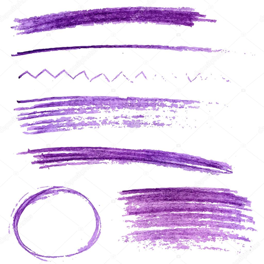Set of violet color pencil strokes and frames. Sketch vector design elements