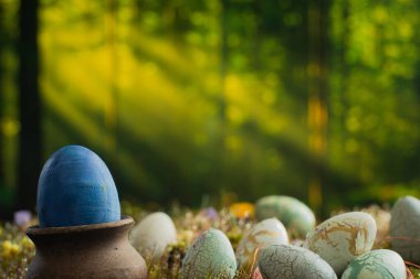 Yeşil yosun arka planda paskalya yumurtaları, bulanık arkaplan. Bahar konsepti.