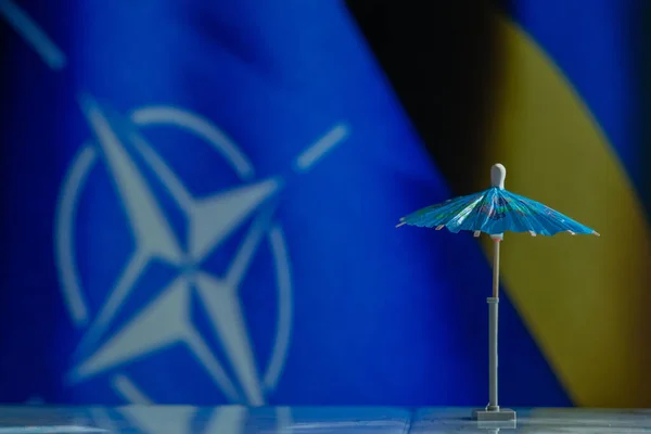 Şemsiye haritanın arka planında ve NATO bayrağında küçük.