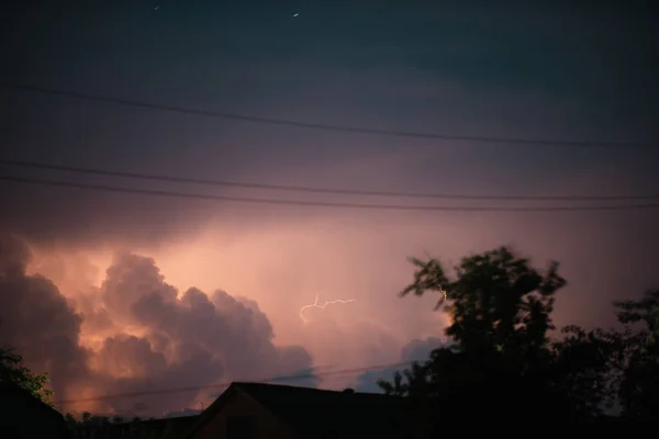 Summer Night Thunderstorm Village Distant Lightning —  Fotos de Stock