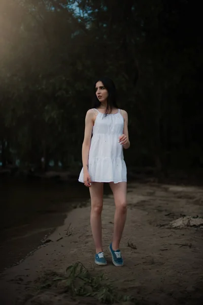 Beautiful Sexy Girl Short White Dress Nature River — Stockfoto