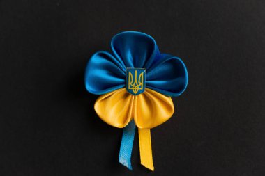 Ukrayna bayrağı çiçeği Ukrayna arması ile siyah bir arka planda kurdelelerden