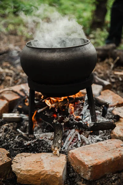 Ukrainian National Dish Borscht Outdoor Cooking Wood Fire — Photo