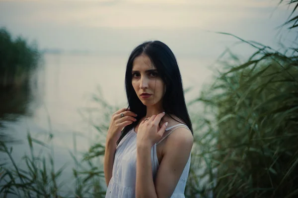 Beautiful Sexy Girl Short White Dress Nature River — Foto Stock