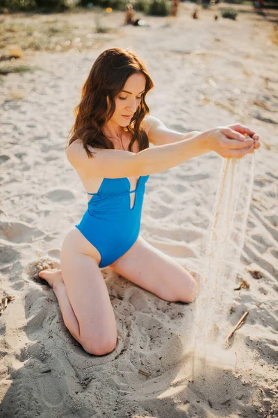 Girl Blue Swimsuit Sandy Beach Summer Sunny Day — Stock Photo, Image