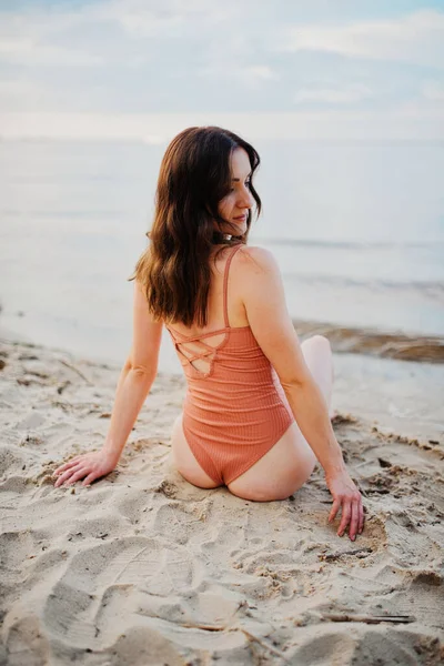 Girl Beige Underwear Sandy Beach Summer — Stock Photo, Image